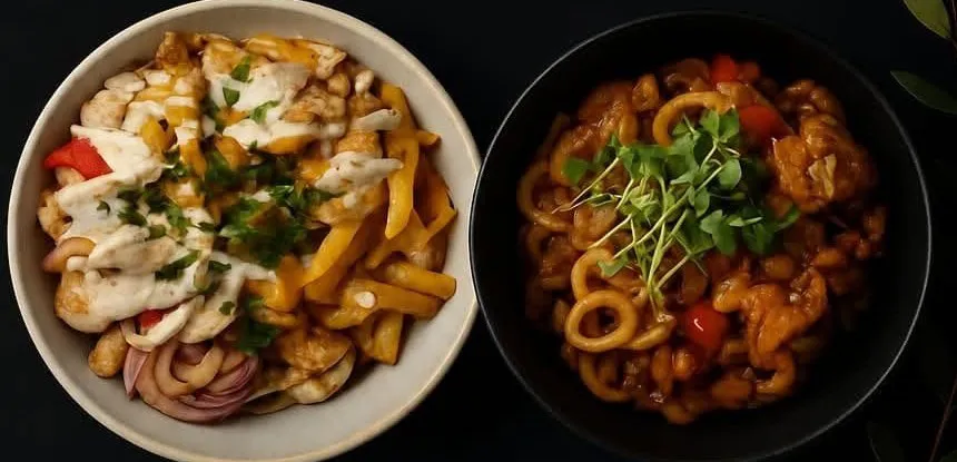 Divas bļodas uz tumša fona: kebabs ar frī kartupeļiem, mērci un dārzeņiem un woks ar nūdelēm un zaļumiem